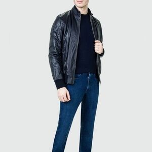Theory Mens Viek L Skyward Navy Blue Lamb Leather Jacket Bomber Small Regular